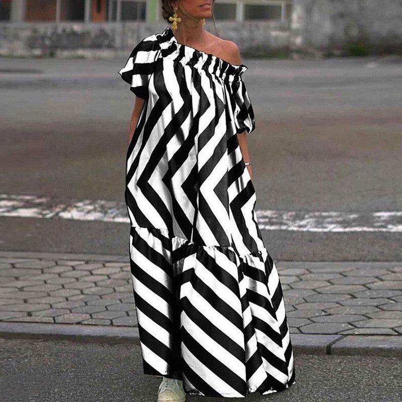 Elegant Short Sleeve Ruffle Hem Maxi Dress Sexy Striped Print Skew Collar Loose Dress Summer Casual Backless Pleated Party Dress