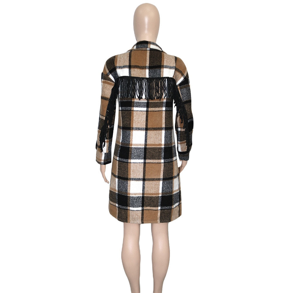 Adream Tassel Plaid Long Coat Fashion Elegance Women Clothing Winterwear Trench Checkered Jackets for Women