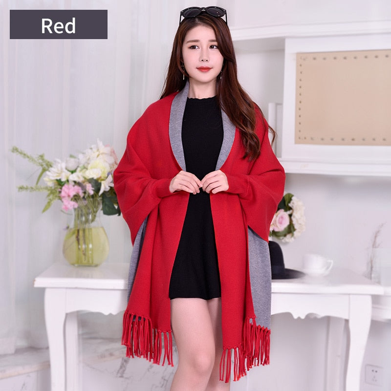 Adream Winter Poncho with Sleeve Shawls and Wraps Pashmina Red Thicken Scarf Stoles Femme Hiver Warm Reversible Ponchos and Capes