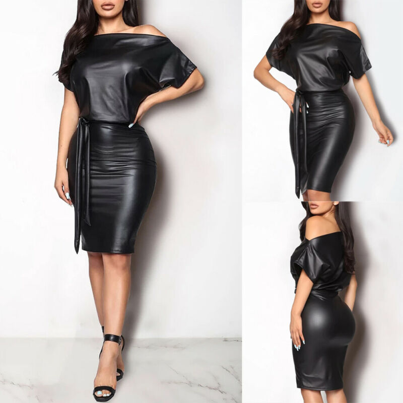 Adream Leather Dress Elegant Formal Party Office Lady Midi Dress Skinny Zipper Black Dress Off shoulder Bandage Club