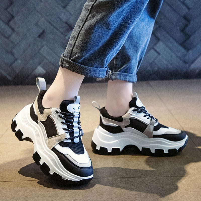 Adream Women Chunky Sneakers Shoes Korean Fashion Female Black White Platform Thick Sole Casual Dad Shoes Woman Sneakers 8cm