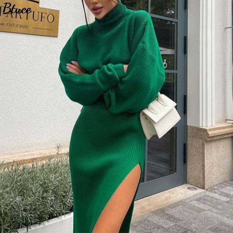 Adream Women Knitted Sweater Skirt Two Pieces Set Sexy Midi Side Split Kint Skirt Ladies Solid Loose Long Sleeve Pullovers