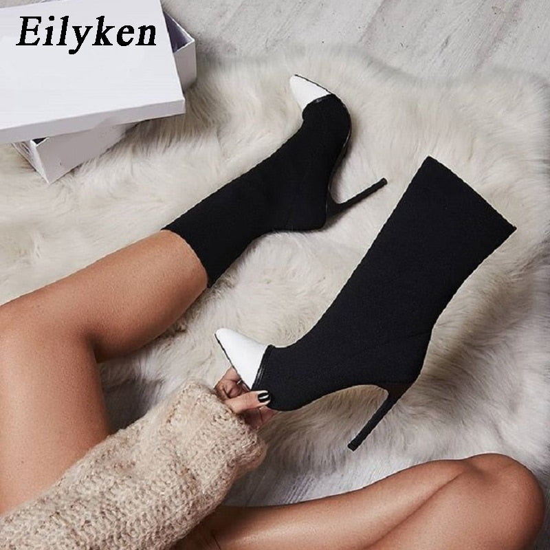 Adream New Women Knitting Stretch Sock Ankle Boots Pointed Toe Elastic Slip On High Heel Autumn Winter Pumps Shoes