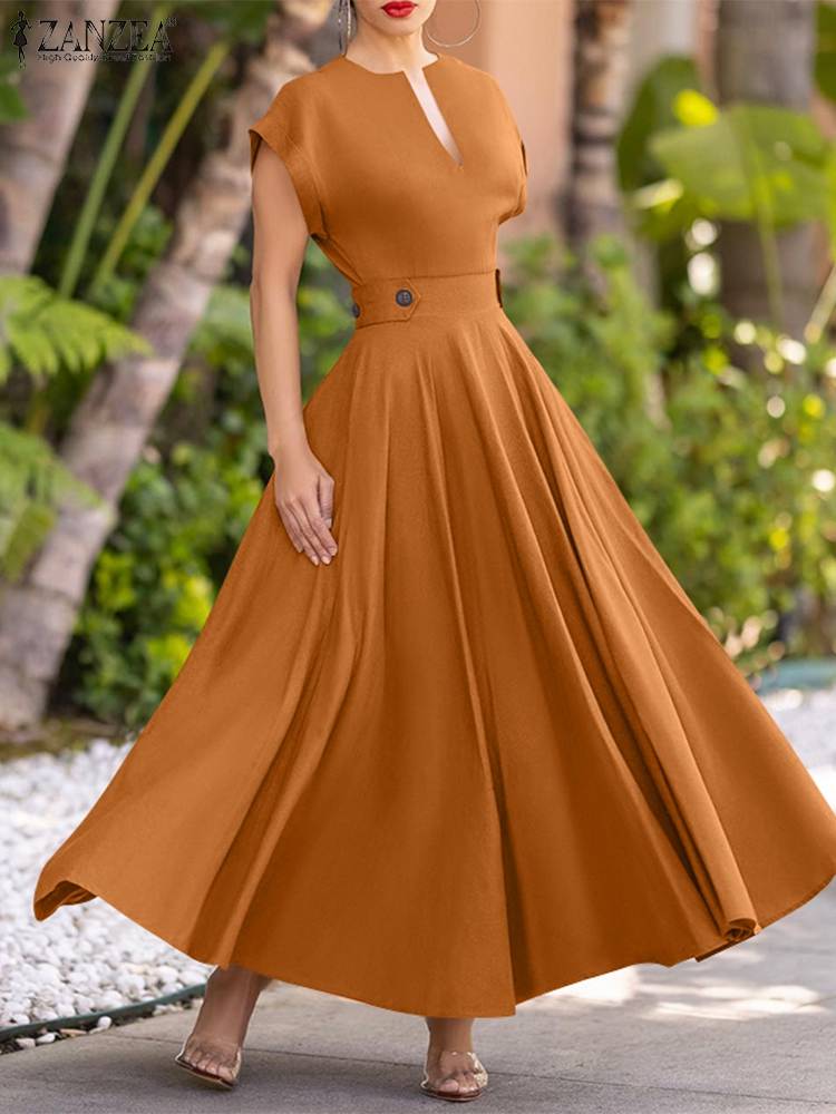 Adream Women Short Sleeve Kaftan Casual Holiday V Neck Sundress 2022 Summer France Elegant Solid Dress