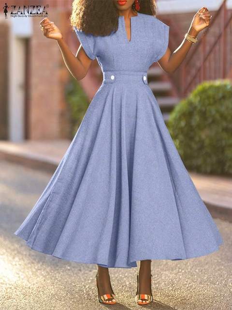 Adream Women Short Sleeve Kaftan Casual Holiday V Neck Sundress 2022 Summer France Elegant Solid Dress