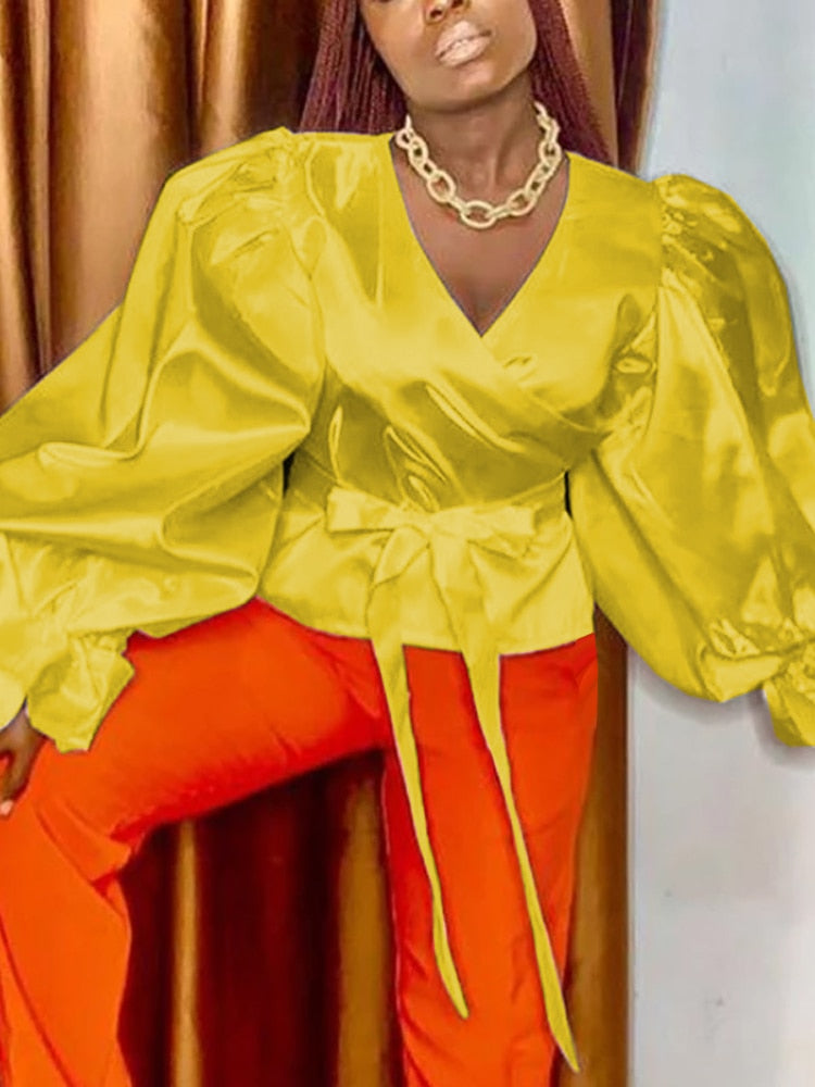 Africa Women Satin Blouses Long Puff Sleeve Waist Belt Wrap Shirt Tops Big Size Elegant Fashion Spring Fall Long Sleeve Top