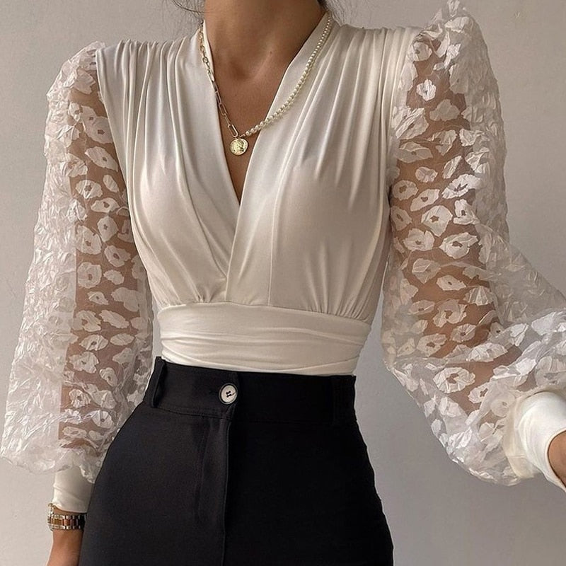 Office Lady Embroidery Flower Lace Patchwork Shirt Women Elegant V Neck Blouses Autumn Long Sleeve Hollow Out Tops