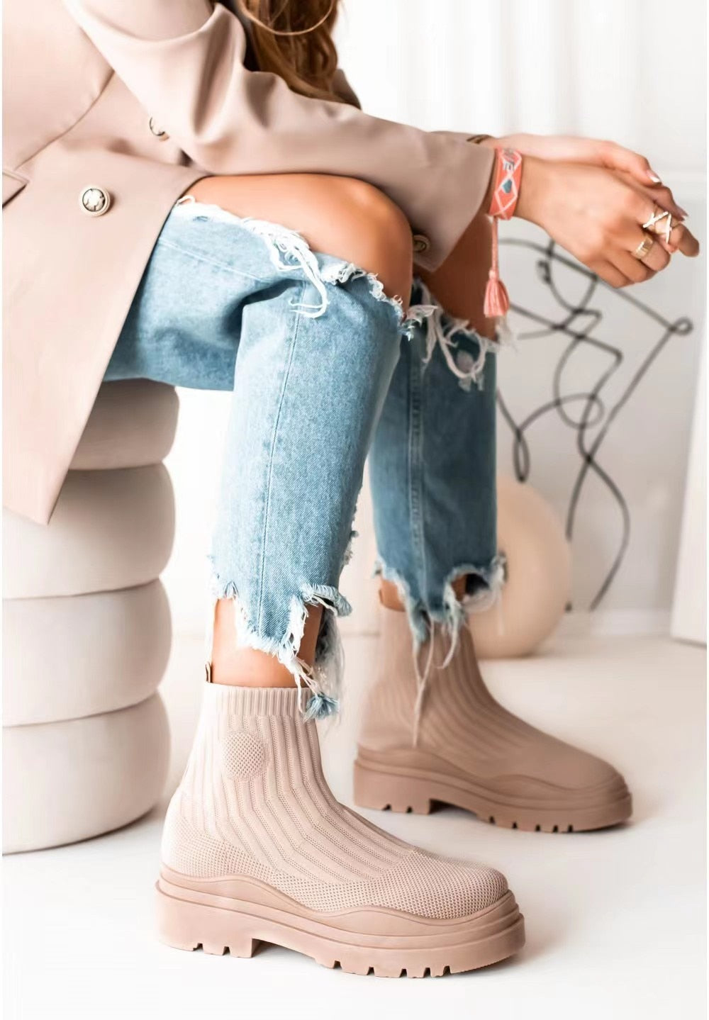 Adream Women&#39;s Boots Stretch Cloth Knitted Ankle Boots 2022 Autumn and Winter New Luxury Women&#39;s Boots Round Toe Slip-on Casual Boots