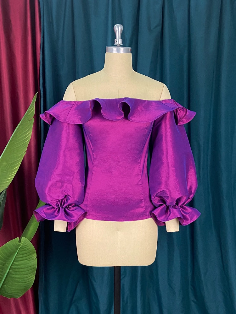 Women Blouse Shiny Off Shoulder Ruffle Sexy Party Shirt Tops Purple Birthday Large Size