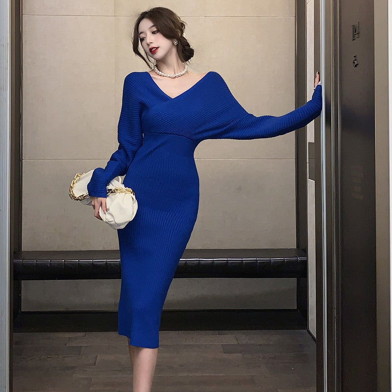 Adream Winter Dress New 2022 Women Elegant Blue V-neck Long Sleeve Slim Knitting Dress Sweater Dress Party Club Dress
