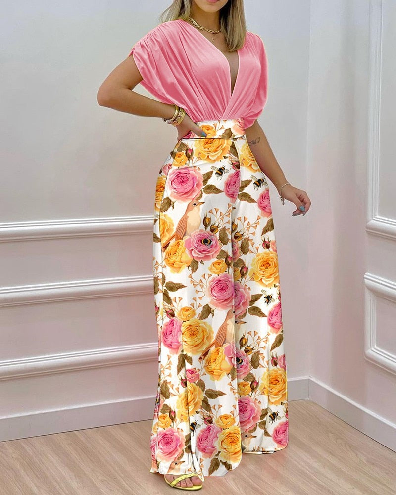 Adream Printed 2 Piece Sets Short Sleeved Revealing Round Neck Tight Sexy Top Loose Elastic Waist Wide Leg Pant Outfit