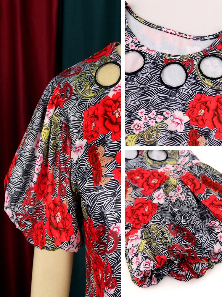 Printed Blouse Red Floral Patchwork Short Puff Sleeve Hollow Out O Neck Summer Fashion Tops for Ladies Casual Evening Club Party