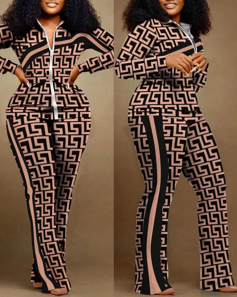 Adream Winter Fashion Print Two Piece Set Women Casual Sports Style Zipper Top Sweatpants Two Piece Set Women