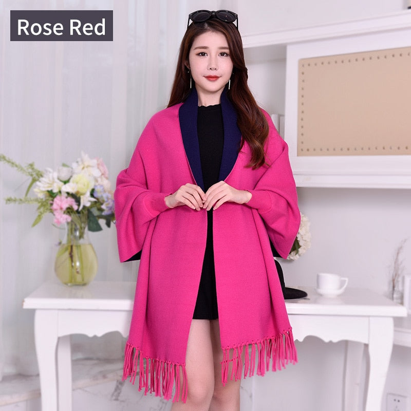 Adream Winter Poncho with Sleeve Shawls and Wraps Pashmina Red Thicken Scarf Stoles Femme Hiver Warm Reversible Ponchos and Capes