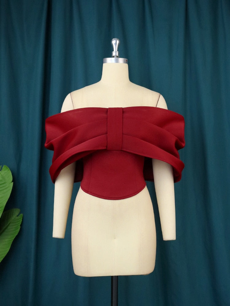 Women Red Crop Tops Shirts Blouse Sexy Off Shoulder Party Big Bowtie Backless Event Evening Clubwear Christmas Night Out Bluas