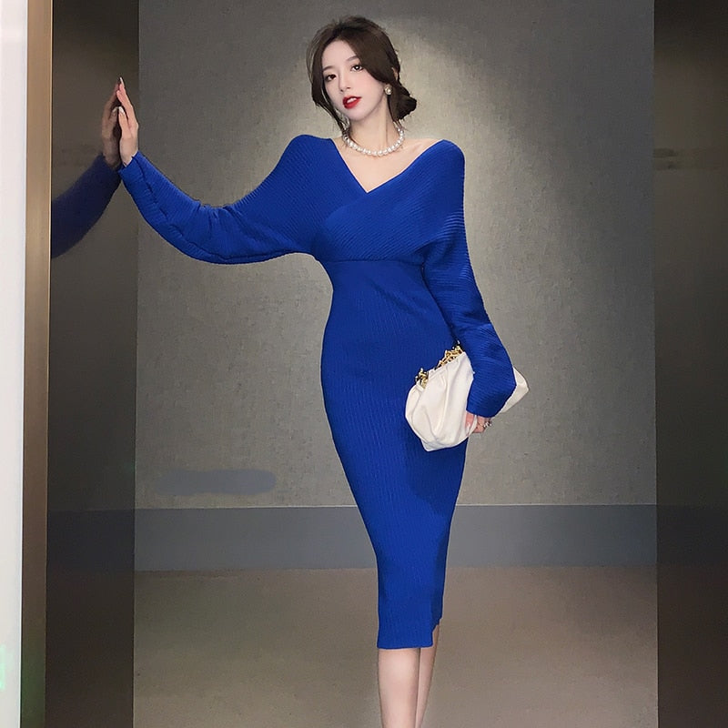 Adream Winter Dress New 2022 Women Elegant Blue V-neck Long Sleeve Slim Knitting Dress Sweater Dress Party Club Dress