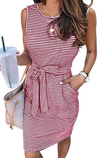 Adream Womens Summer Sleeveless Striped T Shirt Dress Casual Crew Neck Tie Waist Mini Dresses