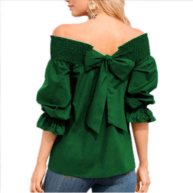 Adream Women Slash Neck Blouse Casual Loose Off Shoulder Long Sleeve Tops Female Strapless Back Bowknot Shirts