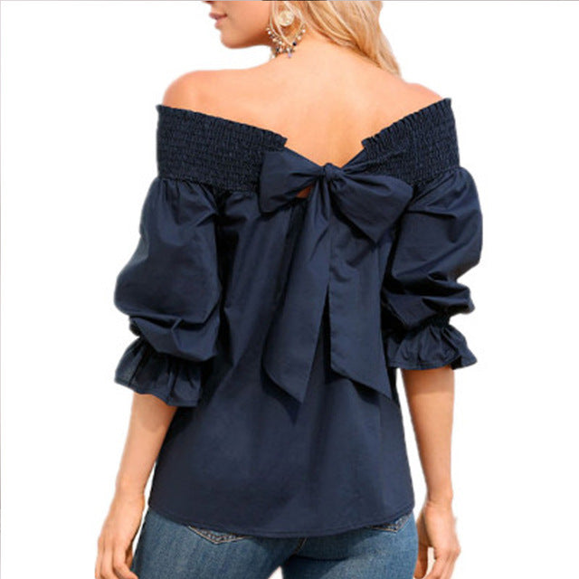 Adream Women Slash Neck Blouse Casual Loose Off Shoulder Long Sleeve Tops Female Strapless Back Bowknot Shirts