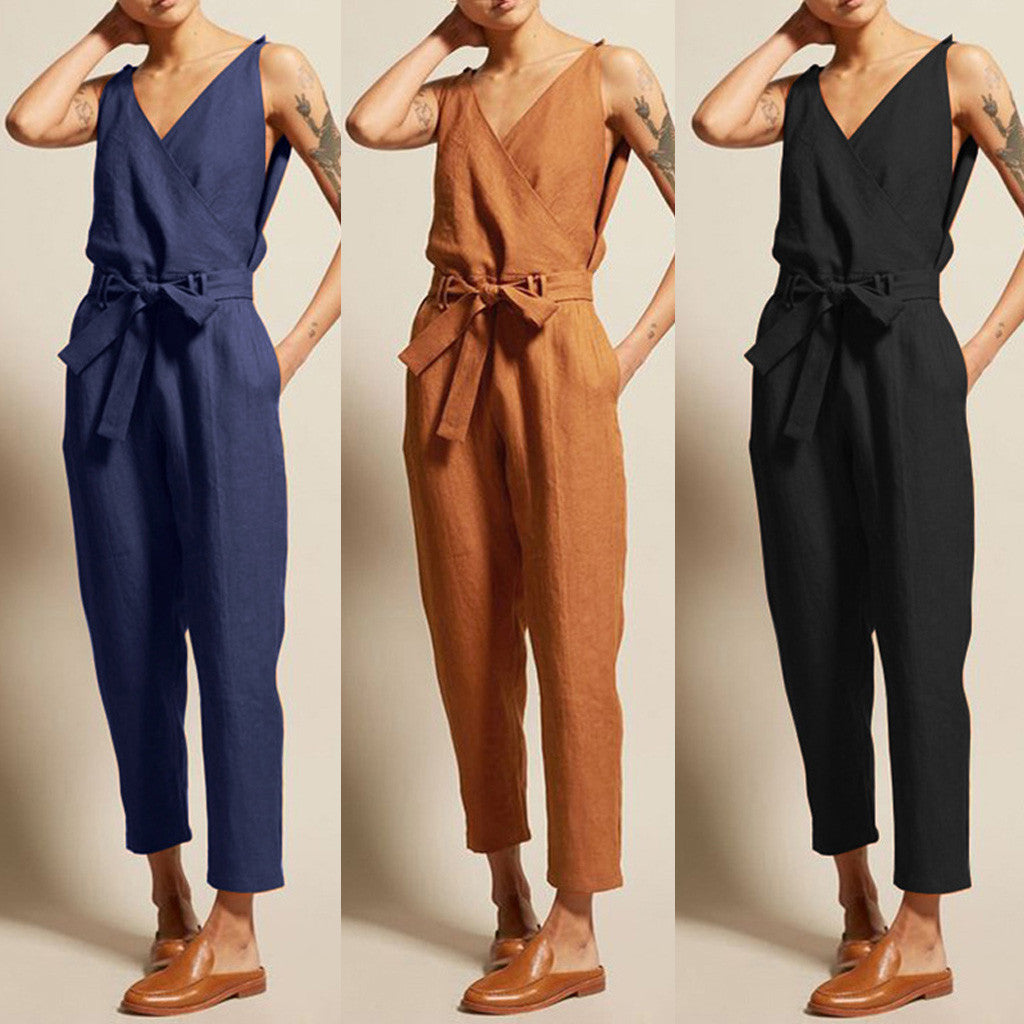 Adream Women Overall Casual Rompers Sleeveless V-Neck Belt Slim Plus Size Jumpsuit