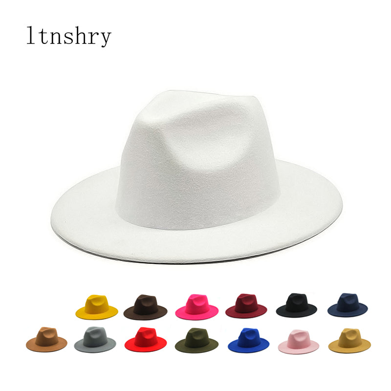 Adream Womens Felt Hat Fedoras Big Brim Hats For Women British Style Vintage Church Hats Lady Flat Brim White jazz cap