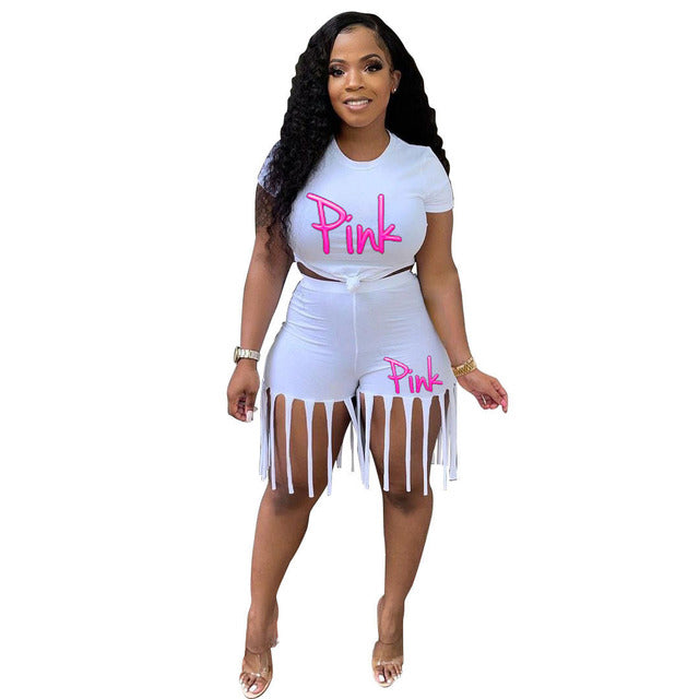 Adream Plus Size Women Set S-5XL PINK Letter Print Round Neck Top And Tassel Shorts Two Piece Sets Casual 2pcs Outfits 2022