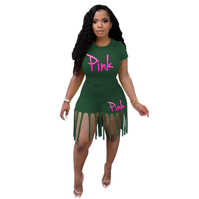 Adream Plus Size Women Set S-5XL PINK Letter Print Round Neck Top And Tassel Shorts Two Piece Sets Casual 2pcs Outfits 2022