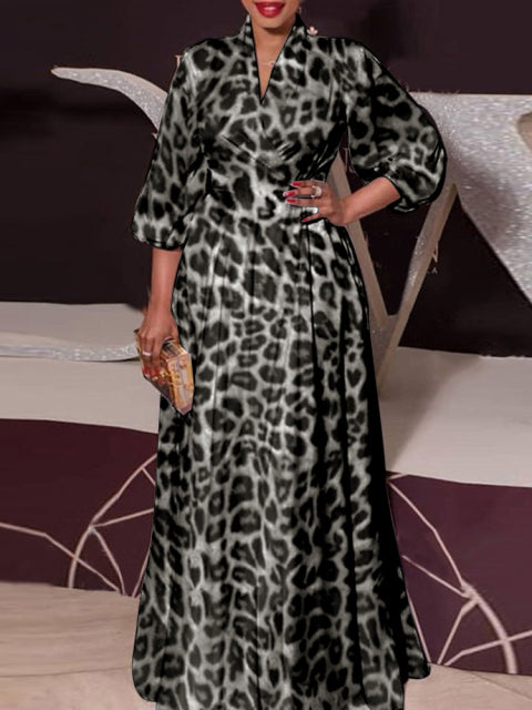 Adream Women Long Maxi Dress 2022 Vintage Leopard Printed Sexy Lantern Sleeve Bohemian Vestidos Oversized Summer Party Sundress