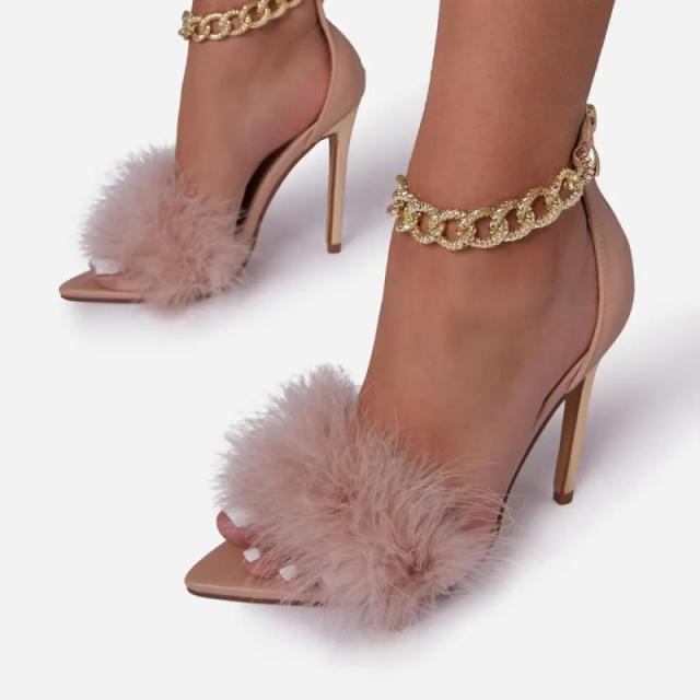 Adream Women Pumps New Pointed Toe Solid Color Ladies Shoes Thin Heel Zipper Elegant Chain High Heels