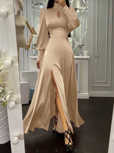 Women Party Skinny Maxi Dress Adream Fashion Solid High Waist Spilt Vestido French ELegant Satin Dresses