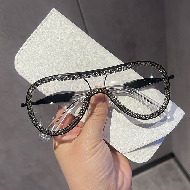 Adream One Piece Steampunk sunglasses women Luxury Rhinstone Eyeglasses With Frame Clear Lens Shades oculos