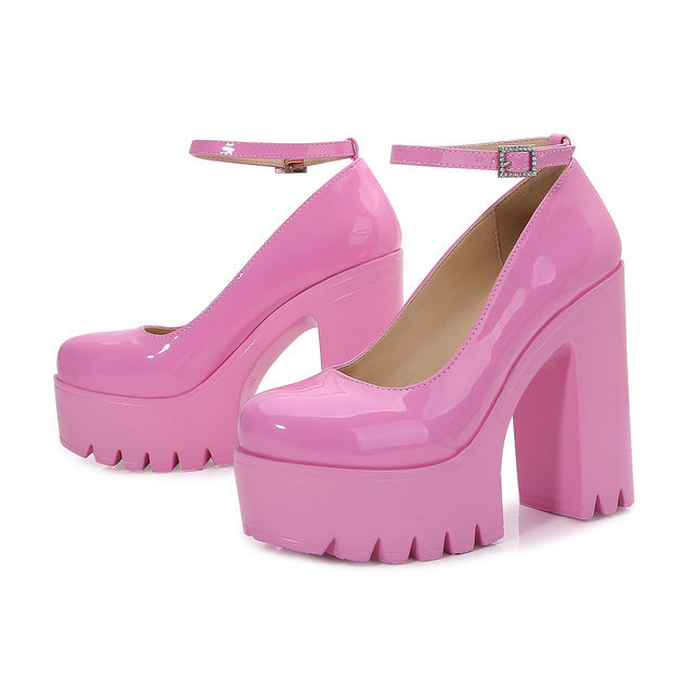 Adream Pink Chunky Platform Block High Heels Women Pumps Sexy Patent Leather Ladies Shoes