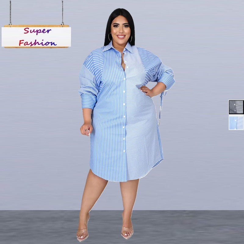 Adream Plus size women clothing fashion Splicing stripe printing long sleeve casual shirt dress