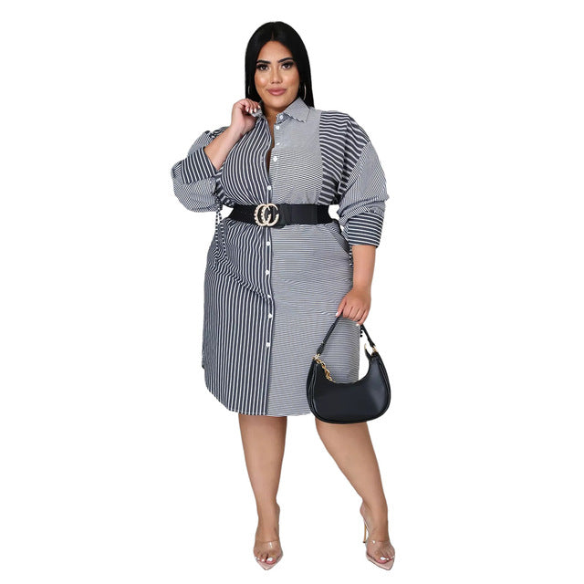 Adream Plus size women clothing fashion Splicing stripe printing long sleeve casual shirt dress